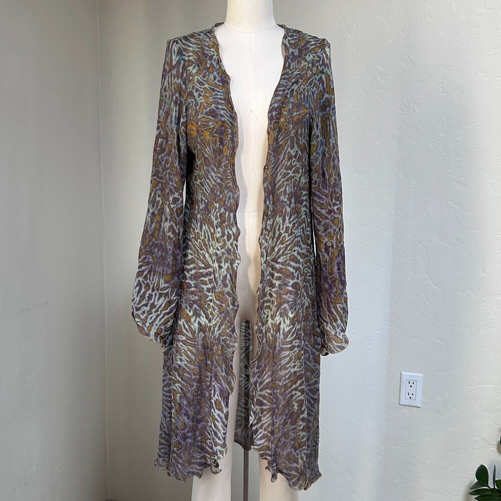 100% Silk Sheer Kimono Robe Whimsigoth Boho Bell Sleeve Duster Open Front M